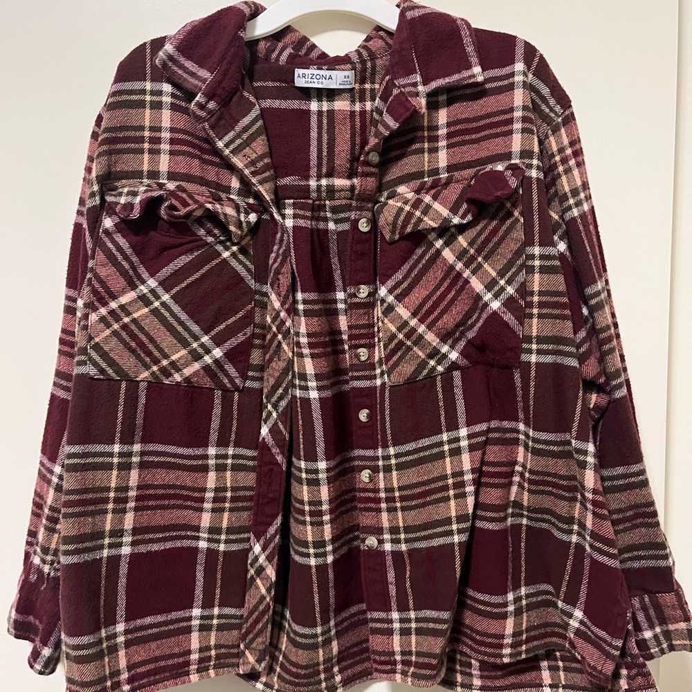 Arizona Jean Company Burgundy Plaid Casual Button Down Shirt